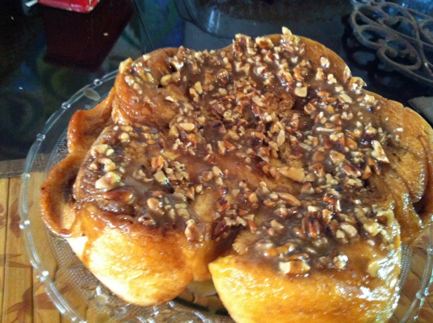 Another old picture when I made some in a flower shaped pan. It made about 6-7 large sticky buns in this pan. Yum!